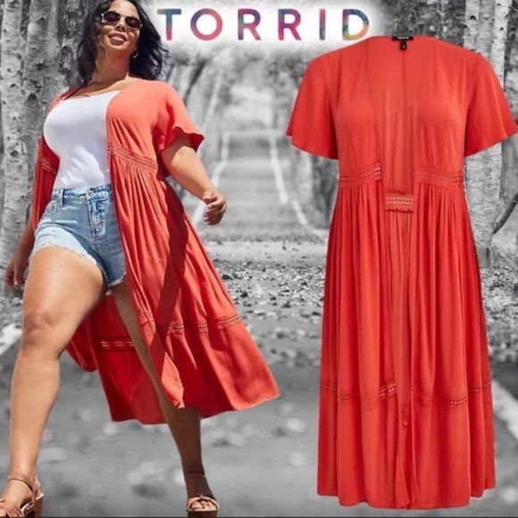 torrid Tops - TORRID ORANGE GAUZE CROCHET DUSTER KIMONO Size 2 2XL 18/20 & 0 Large 12 NWT